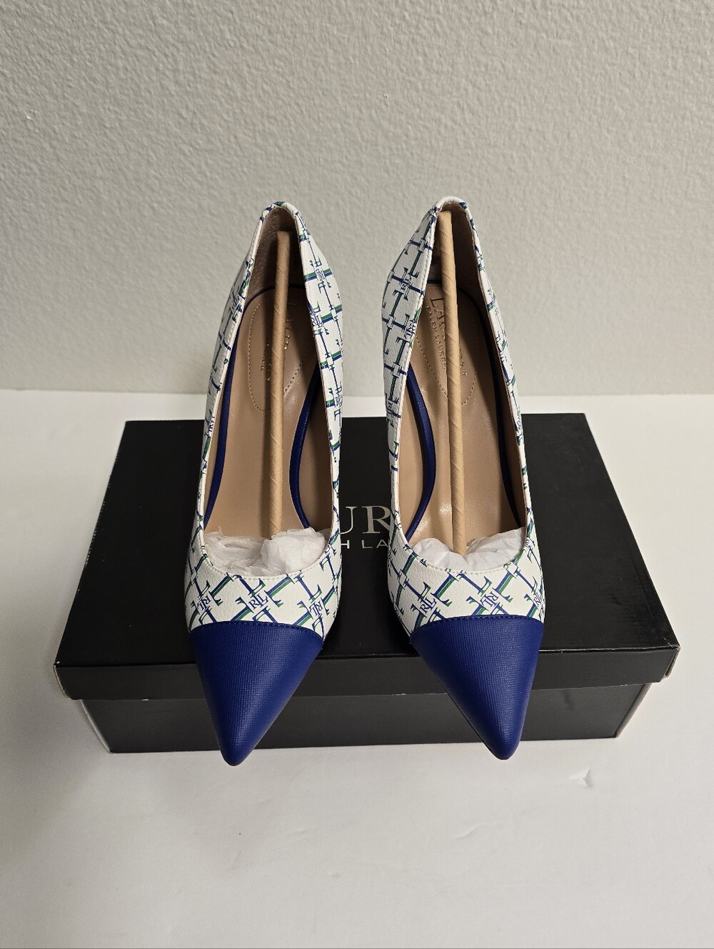 Lauren Ralph Lauren White Patterned Pointed-Toe Pumps with Blue Cap Toe